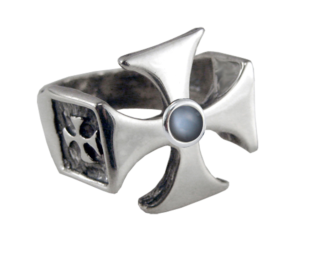 Sterling Silver Iron Cross Ring With Grey Moonstone For a Man or Woman Size 10